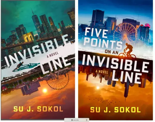 (English follows)
Couverture des deux ouvrages de Su J. Sokol, Invisible Line et Five Points on an Invisible Line. Les deux couvertures sont symétriques : autour de l'axe, en diagonal, on trouve les skylines de NY et de Montréal. NY est au-dessus pour le premier volume, en dessous pour le second. Sur l'axe de séparation, une silhouette sur un vélo. 
--------
Cover art for Su J. Sokol's two books, Invisible Line and Five Points on an Invisible Line. The two covers are symmetrical: around the axis, diagonally, are the skylines of New York and Montreal. New York is above for the first volume and below for the second. On the dividing axis is a silhouette on a bicycle.