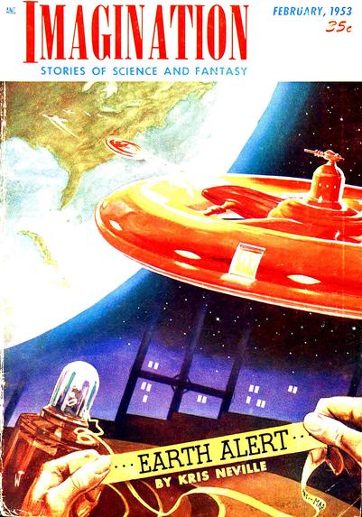 Earth is seen from space, a bright red disk-shaped ship moving toward it, other similar ships ahead of it. In the foreground a different scene superimposed—someone is reading a ticker-tape with the words "EARTH ALERT" on it.
Imagination Magazine cover from 1953.