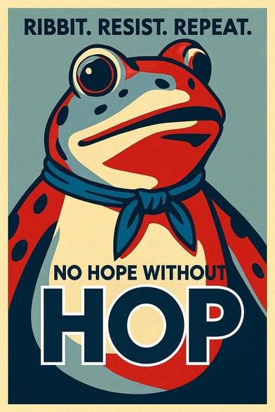RIBBIT. RESIST. REPEAT.
NO HOPE WITHOUT HOP.
Picture of Portland ICE protest frog, styled like the Shepard Fairey portrait of Obama.