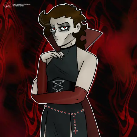 Winslow dressed as a vampire, but very feminine. It is a black dress and corset, with a red cape. A rosary around his hips.