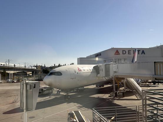 Delta Air Lines airplane at SeaTac with Light Rail in the background