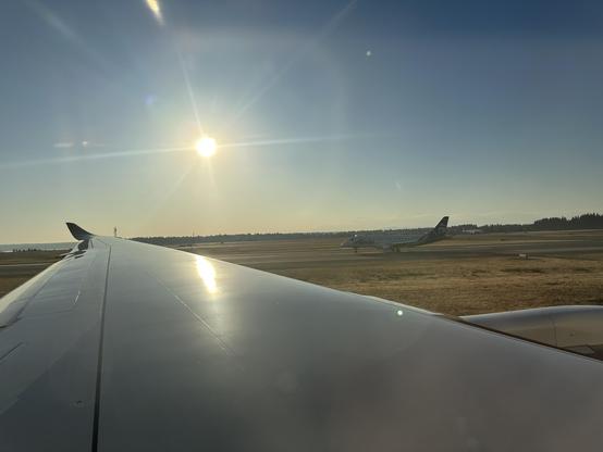 From the window of a Delta Air Lines plane on the runway and incoming airplane landing.