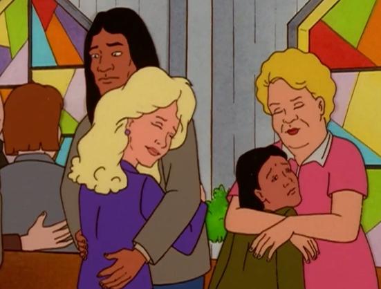 John hugging Nancy at church, she looks very happy while John is staring offscreen at Dale.  Joseph looks uncomfrotable being hugged by some blonde auntie stranger.