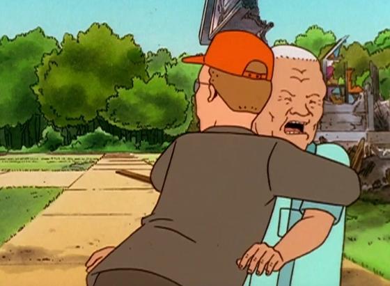 Dale hugging Cotton, cotton is mad as hell while Dale is booty popping.