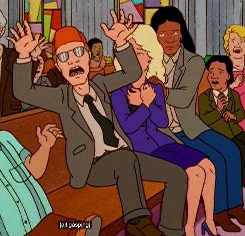 Dale screams after everyone is told that the church is on fire.  John holds Nancy's shoulder and glares in Dale's direction.