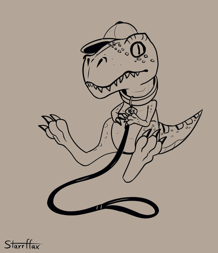 A little dino sitting on the gounr with a leash and collar around em, while they wear a baseball hat. Realistic depiction too.