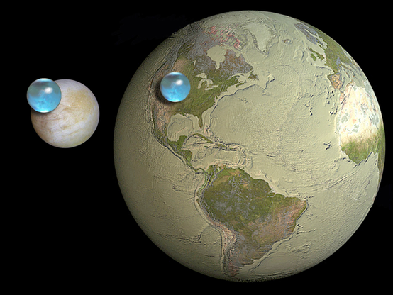Earth without water is shown on the right, while Jupiter's moon Europa is shown on the left. Superposed on each object is a blue sphere estimating the amount of water each object contains. The blue spheres are about the same size.