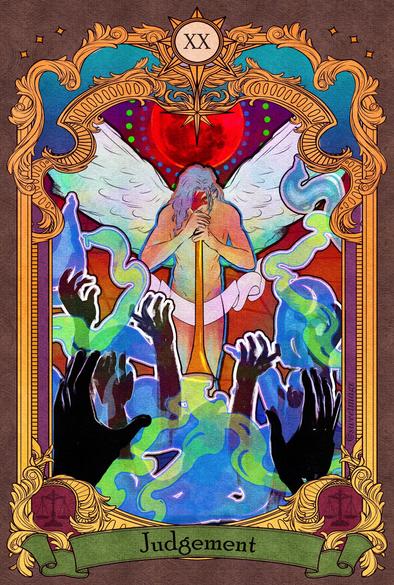 A colorful, tarot card style drawing of Yuri Petrov from Tiger and Bunny, a man with long grey hair. He is naked with a long white banner over the groin, not wearing makeup, has his hair down, and has long pale wings. He is blowing stylized blue and green fire out of a trumpet that is burning a bunch of raised, blackened hands. Overhead is the start of a red moon. The entire thing is surrounded by an ornate gold frame.

At the bottom are two justice scale decorations and a green banner with the word Judgement written on it