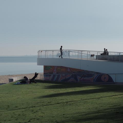 Auto-generated description: A person is standing with a dog on a coastal promenade with a colorful mural beneath, overlooking a calm sea.
