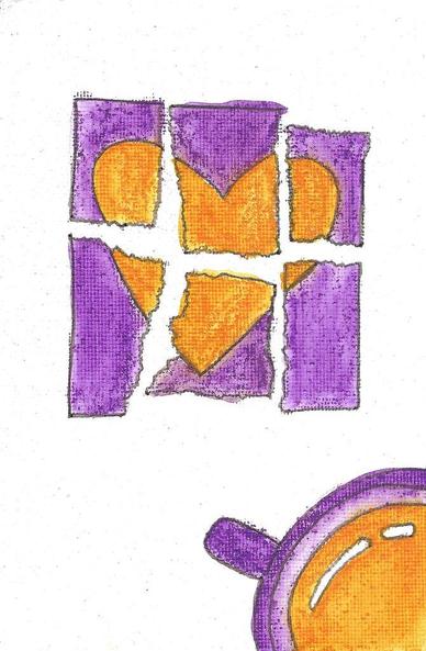 Une photo déchirée d'un cœur avec une tasse de thé dans l'angle en bas à droite