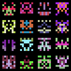 a 4x4 grid of multicolored 7x7 pixel aliens a la space invaders