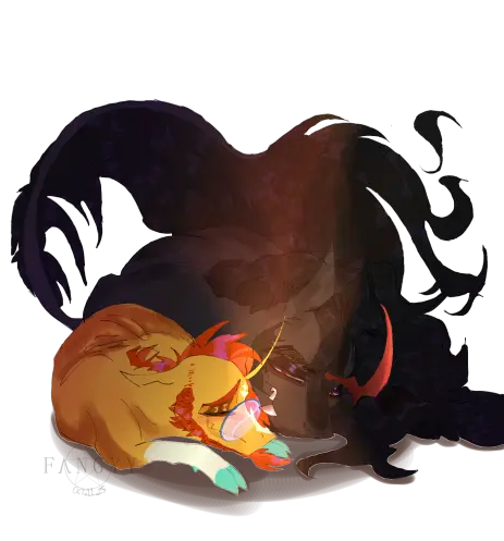 A digital artwork of King Sombra and Sunburst from MLP cuddling against one another. Sombra smiles caringly at the smaller pony. The background is transparent and they aren't wearing clothing.