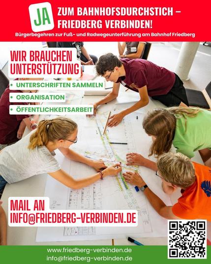 Wir brauchen Unterstützung.

Für den Tunneldurchstich am Friedberger Bahnhof:
- Unterschriften sammeln. 
- Organisation im Hintergrund
- Öffentlichkeitsarbeit. Print, Web, Social Media.