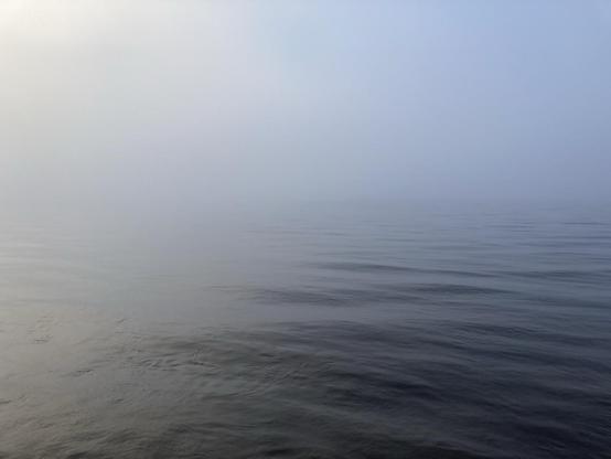 View into the haar covered Tay where rolling water blends into fog