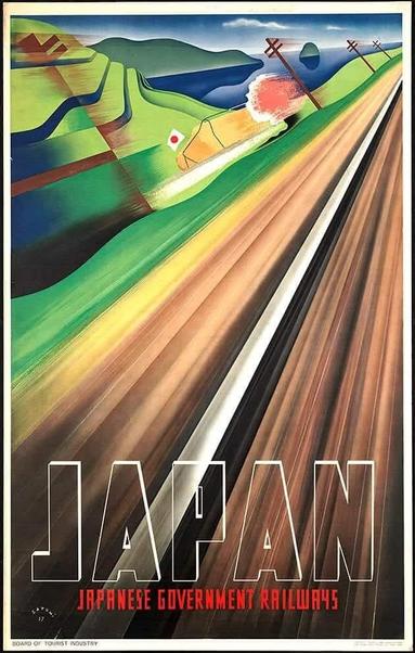 Un llamativo cartel de viaje vintage que promociona JAPAN (Japón) y sus ferrocarriles (Japanese Government Railways), diseñado en 1937 con un fuerte estilo Art Déco. La ilustración utiliza una perspectiva en picado muy dinámica, centrada en una vía férrea o carretera que se extiende diagonalmente hacia el fondo, representada con franjas de colores terrosos y difuminados para evocar la velocidad del viaje. A ambos lados de la vía, un vibrante paisaje de colinas verdes, un lago azul y líneas de telégrafo sugieren la belleza natural de Japón. El nombre del país, "JAPAN", se destaca en letras blancas geométricas y audaces en primer plano.