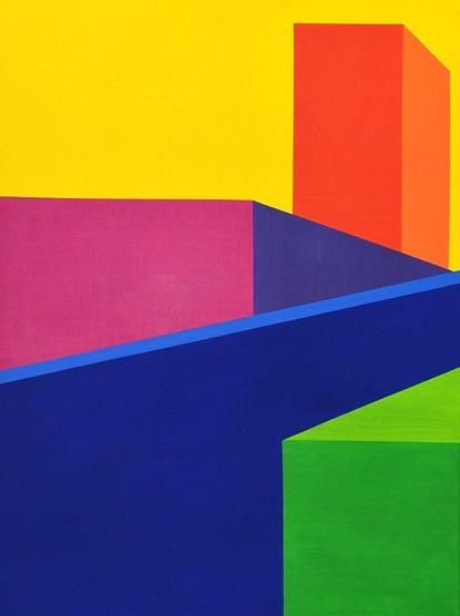 Gemälde von Elisabeth Nüchtern mit vielen bunten Farben und geometrischen Formen. Oben von gelb und orange über blau nach grün links unten.