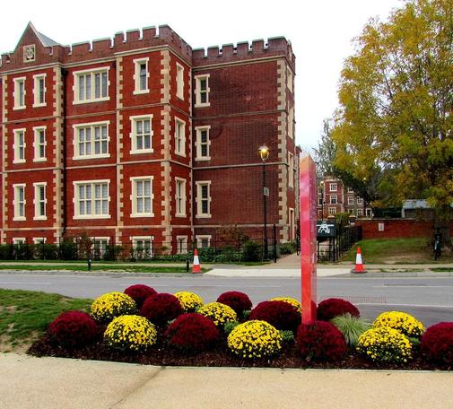 Former asylum, with flowers out front