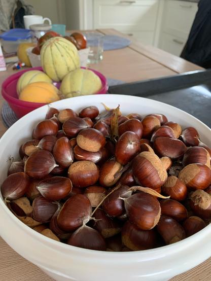 Eine Schüssel mit Maronen. Dahinter eine Schale Melonen.