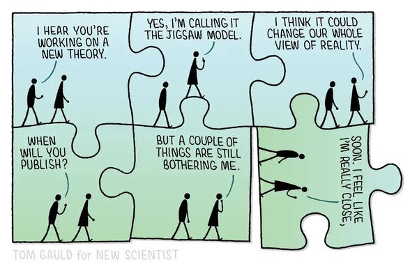 A comic strip in six panels. The panels inerlock like a jigsaw with knobs and sockets. Two stick figures walk right to left through all the panels.

Panel 1: Person 1 says "I hear you're working on a new theory."
Panel 2 & 3: Person 2 says: "Yes, I'm calling it the jigsaw model. I think it could change our whole View of reality."
Panel 4: Person 1 says "When Will you publish?:
Panel 5: Person 2 says "But a couple of things are still bothering me." (this piece/panel is a bit squint) 
Panel 6: This piece is rotated ninety degees and fits to the others very badly. Person 2 is saying "Soon. I feel like I'm really close"
A second look at the whole comic shows that the last two panels read in the wrong order because the jigsaw has been put together incorrectly.