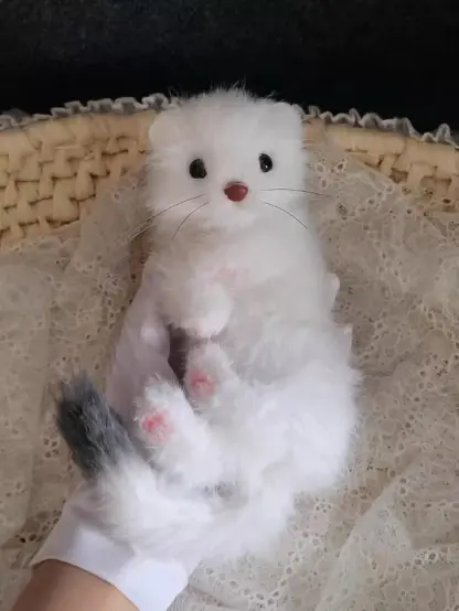 ふわふわの白いフェレットのぬいぐるみが片手に乗せられている。