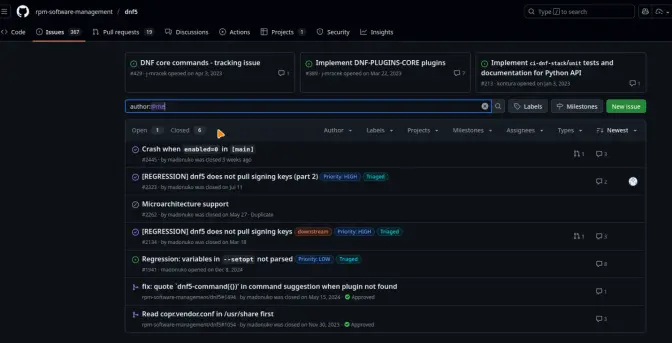 showing issues and pull requests in the dnf5 repository made by me. Some issues and pull requests go back to 2023.
