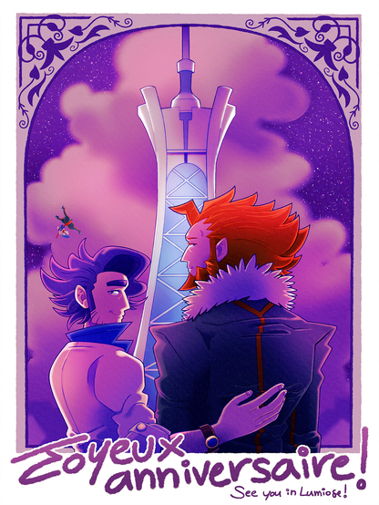 Digital illustration of Lysandre and Professor Sycamore standing in front of the Prism Tower facing toward it, illuminated by a purple light. They're both looking back at the viewer, Sycamore smiling obviously, Lysandre smiling slightly. Sycamore has one hand on Lysandre's back. At the bottom are the words, "Joyeux anniversaire! See you in Lumiose!"