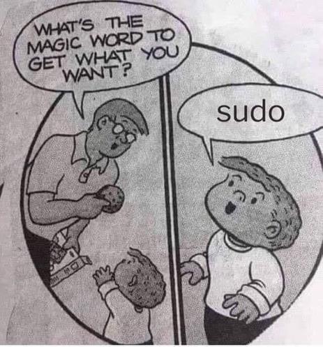 The Family Circus comic. A black and white pen drawing. Bil is holding a cookie and his young son Jeffy is reaching out for it. 

Bil: WHAT'S THE MAGIC WORD TO GET WHAT YOU WANT? 

Jeffy: sudo