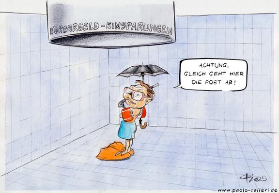 Karikatur. Carsten Linnemann steht in einem leeren Schwimmbecken. Er trägt eine badehose, eine Tauchermaske, Schwimmflügel und Flossen an in das seinen Füßen. In der Hand hält er einen Regenschirm. Über ihm sieht man das Endstück eines riesigen Rohres ins Bild ragen, darauf steht Bürgergeld-Einsparungen geschrieben. Linnemann blickt uns an und spricht: Achtung, gleich geht hier die Post ab!