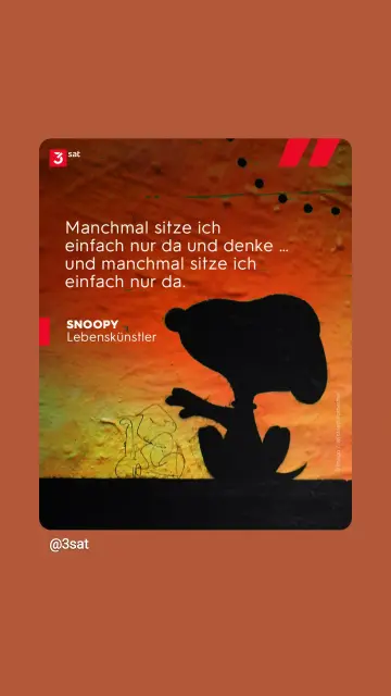 Schwarze Snoopy Silhouette vor einer Wand in Feuerfarben
Text: manchmal sitze ich einfach nur da und denke...
Und manchmal sitze ich einfach nur da.
Snoopy, Lebenskünstler
©3sat