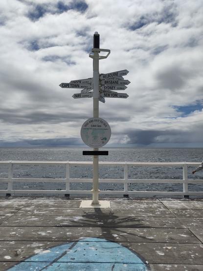 A sign post at the end of the Busselton Jetty showing the respective distances to cities such as Cape Town, Paris, New York and Sydney.  White clouds are painted like a patchwork across the sky.