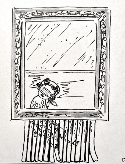 Sketch of a picture frame from which the picture is fed downwards through a shredder. In reminiscence of Banksy's art intervention in 2018. The motif of the picture is my own creation.