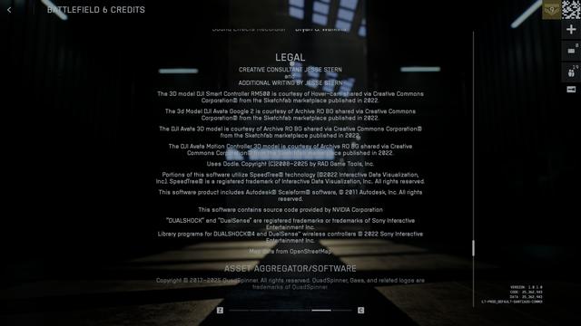A screenshot of the credits for Battlefield 6 that says "Map data from OpenStreetMap" among other legal noticed.