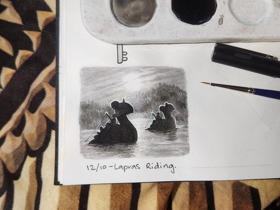 An ink painting of the silhouette of two fishermen, each riding on the back of a Lapras, a plesiosaur/Loch Ness Monster type Pokémon.