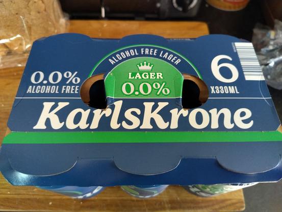 A six pack of alcohol free lager called KarlsKrone with a package including the blue of Kronenberg and the green of Carlsberg, while probably tasting like Bavaria.