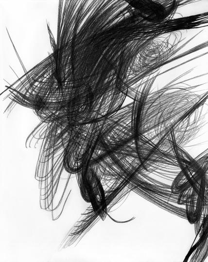 Abstract black pencil drawing with different lines and movement patterns from a series in progress by Clara Neumann, 2025