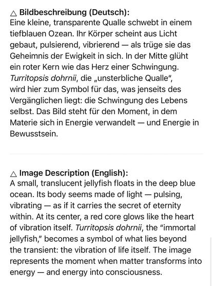 Bildbeschreibung (Deutsch):
Eine kleine, transparente Qualle schwebt in einem tiefblauen Ozean. Ihr Körper scheint aus Licht
gebaut, pulsierend, vibrierend — als trüge sie das Geheimnis der Ewigkeit in sich. In der Mitte glüht ein roter Kern wie das Herz einer Schwingung.
Turritopsis dohrnii, die „unsterbliche Qualle", wird hier zum Symbol für das, was jenseits des Vergänglichen liegt: die Schwingung des Lebens selbst. Das Bild steht für den Moment, in dem Materie sich in Energie verwandelt — und Energie in Bewusstsein.
A Image Description (English):
A small, translucent jellyfish floats in the deep blue ocean. Its body seems made of light - pulsing, vibrating — as if it carries the secret of eternity within. At its center, a red core glows like the heart of vibration itself. Turritopsis dohrnii, the "immortal jellyfish, becomes a symbol of what lies beyond the transient: the vibration of life itself. The image represents the moment when matter transforms into energy — and energy into consciousness.🖖