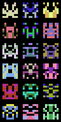 a 3x6 grid of multicolored 8x8 pixel aliens a la space invaders