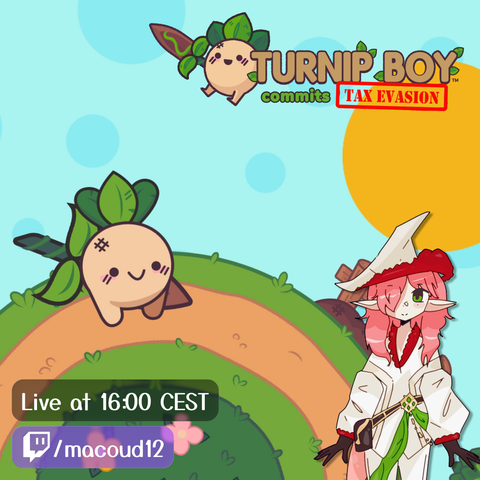 Promotional graphic for a livestream of the indie game Turnip Boy Commits Tax Evasion. The background features a cartoon landscape with green hills, a dirt path, and a blue sky with circular clouds. Centered at the top is the game title, with "TAX EVASION" highlighted in red and yellow. On the left, a smiling anthropomorphic turnip character with a leaf on its head and a cheek bandage. On the right, an anime-style character with pink hair, a wide-brimmed hat, and a red-and-white outfit. Bottom left corner displays livestream details: "Live at 16:00 CEST" and Twitch username "macoud12" with the Twitch logo.