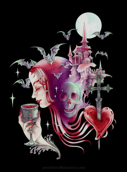 Illustration of a female vampire holding a chalice in one hand, surrounded by bats and the apparition of a castle and a skull.