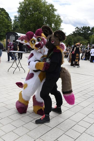 The same two fursuiters, now from a slightly different angle but holding the exact same pose. The view is wider than the previous photo, and the colours are slightly different, since it was taken with a different camera.