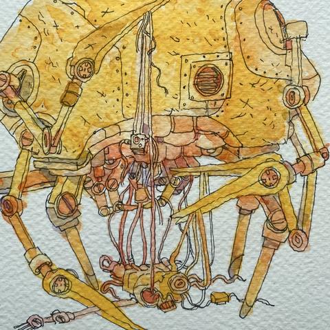 Detalle de la ilustracion, robot con color amarillo con las tenazas y los cables colgando de un robot que está en el suelo mientras el otro robot grande levanta dichos cables y partes del robot desarticulado en el suelo