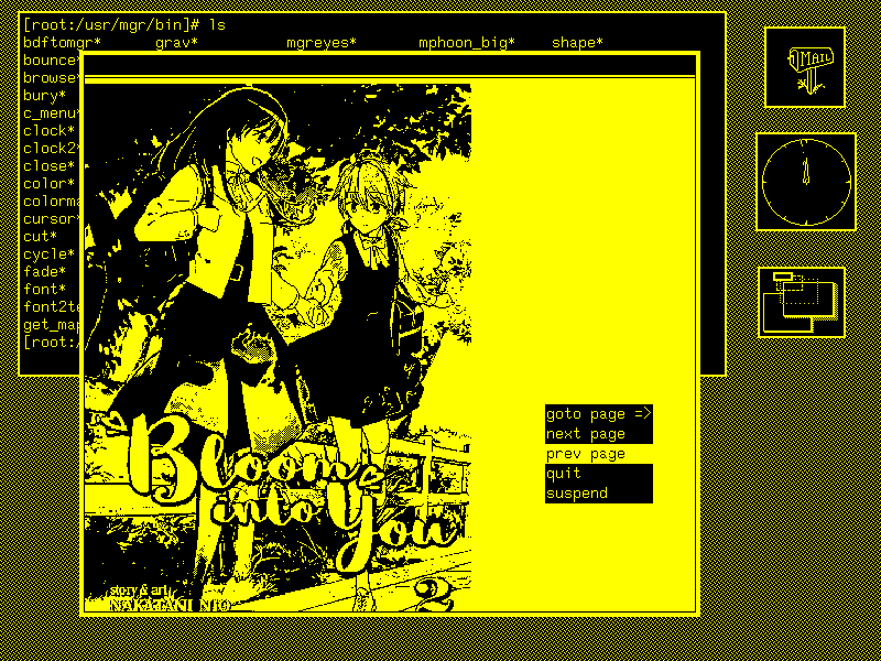 A screenshot of an old computer system in black and yellow. It shows a page from a manga "Bloom into you" with two girls running somewhere; there is a terminal behind the image viewer, and a few icons on the side - mail, clock and some windows.