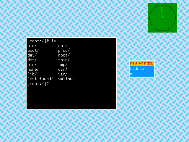 A colourful screenshot of an old computer interface showing a terminal, a menu, and an analogue clock