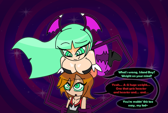 Morrigan Aensland leaning over Sora, her breasts plopped on top of his head as her wings form into arms holding him in place, all while hypnotizing him.

Morrigan: What's wrong, Island Boy? Weight on your mind?

Sora: Yeah... A-A huge weight... One that gets heavier and heavier and... and...

Morrigan: You're makin' this too easy, my lad~
