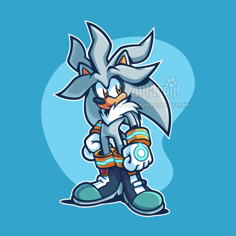 Digital vector artwork of Silver the Hedgehog, a character from the Sonic the Hedgehog series. He's standing in a neutral pose, looking towards the viewer with a worried (or shy) facial expression. He is also in front of a abstract aqua green background. The artwork has halftone shading to it too.