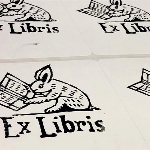 An extreme angle photo of a label sheet of 3 1/4 x 4 labels showing a block print of a medieval marginalia bunny sitting and reading a book over the words “Ex Libris” on the labels