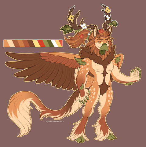 A flat color illustration by Dynamo-Deepblue of a male hippogryph with a reddish brown, almost autumn color scheme, and a lean but muscular physique. He has branches for antlers with flowers and leaves growing out of them, as well as some leaves on his chin, shoulders and wrists. He has exceptionally furry paws for hands with green claws and cloven hooves. He has large wings with an elliptical shape like those of seed-eating birds such as sparrows. He has a long and thin but fluffy tail with short tail feathers at the base that evoke the image of a deer's tail. He has a brown ponytail and beard with lighter streaks, and a larger darker brown mane with a happy trail. He has small, horse-like ears and red eyes with a subtly flirty smile.