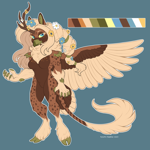 A flat color illustration by Dynamo-Deepblue of a female hippogryph with a brown and cream color scheme. Her body is brown with a darker brown underside, and cheetah-like spots in the same dark brown as her underside, with lighter freckles on her chest and cheeks. She has a single horn-like branch coming out of her forehead adorned with flowers, and leaves growing from her shoulders and wrists. She has exceptionally fluffy paws for hands and green claws and cloven hooves. Her hair is huge and styled with long flowing locks and a huge braid, also adorned with flowers, and it is a light cream color. She also has a mane in the same color around her neck. She has a beak and large wings in the shape of elliptical wings like those of a sparrow, and also a pair of horse-like ears. She has a long lion-like tail with a cream tip and darker brown tail feathers at the base. She has beautiful blue eyes that evoke the image of spring water, and prominent eyelashes the same color as her mane, and is looking toward the viewer with a subtle, demure expression.