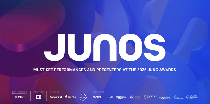 Logo slide for the Juno, white text on colourful blue and magenta background with sponsor logos along the bottom