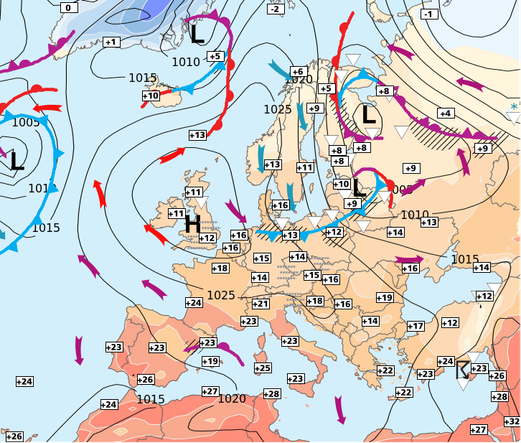 Analyse synoptique de la sitation météo en Europe ce jour.